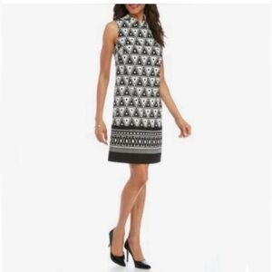 NWT AGB Sleeveless Geometric Mock Neck Shift Dress Black & White Size 8